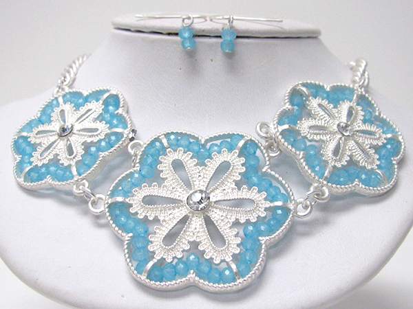 Crystal center triple metal filigree flower and glass bead link statement necklace earring set