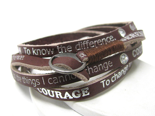 Synthtic leather coiled message friendship bracelet - wisdon courage serenity - free wrap style