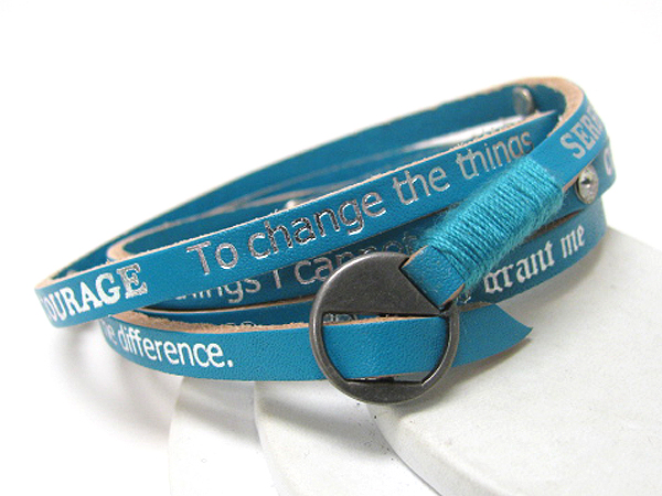 Synthtic leather coiled message friendship bracelet - wisdon courage serenity - free wrap style