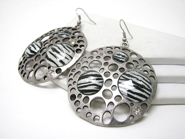 Hammered and punch halled curved metal disk and animal print earrings