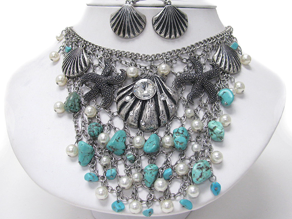 Crystal turquoise and pearl deco sea life theme bib necklace earring set