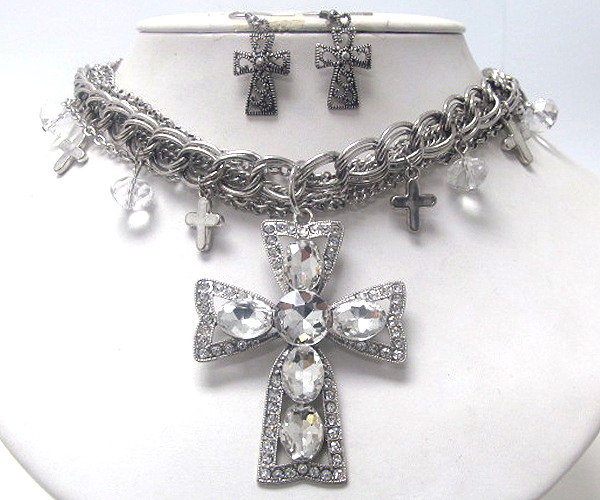 Multi oval crystal patern on fashion metal cross drop with multi chain and crystal glass necklace earring set