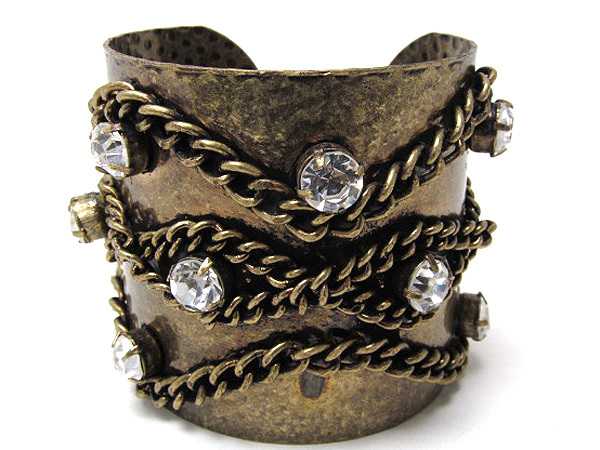 Multi crystal and metal twist chain deco hammered cuff bangle