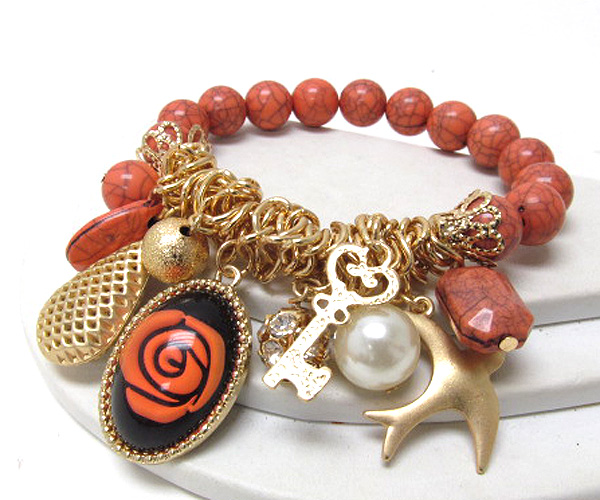 Multi acryl stone fashion oval glass inside print flower drop with crystal fireball and pearl mixed charm chain stretch bracelet