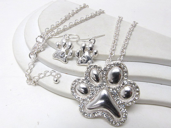 Crystal stud paw drop chain necklace earring set