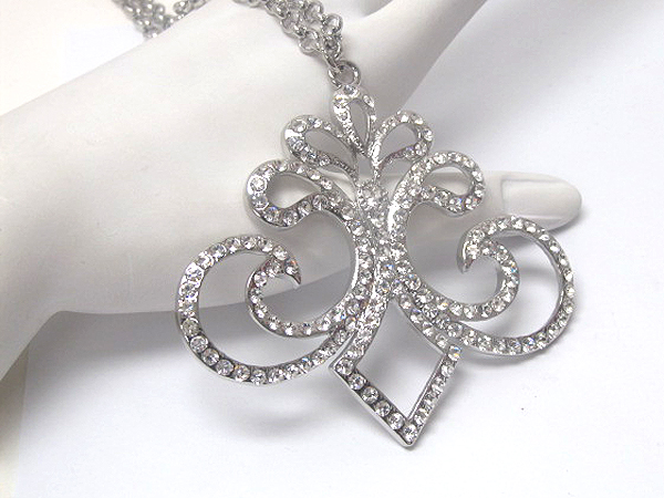 Crystal fashion large fleur de lis drop long chain necklace