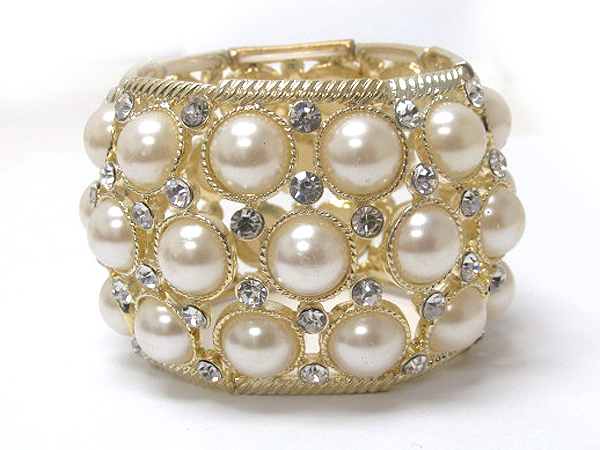 Crystal and pearl stone deco wide metal stretch bracelet