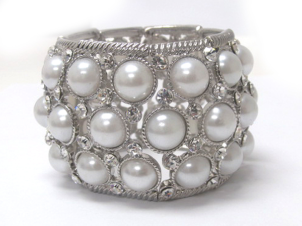 Crystal and pearl stone deco wide metal stretch bracelet