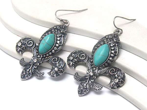 Crystal and arrowhead turquoise stone on metal fleur de lis earring  