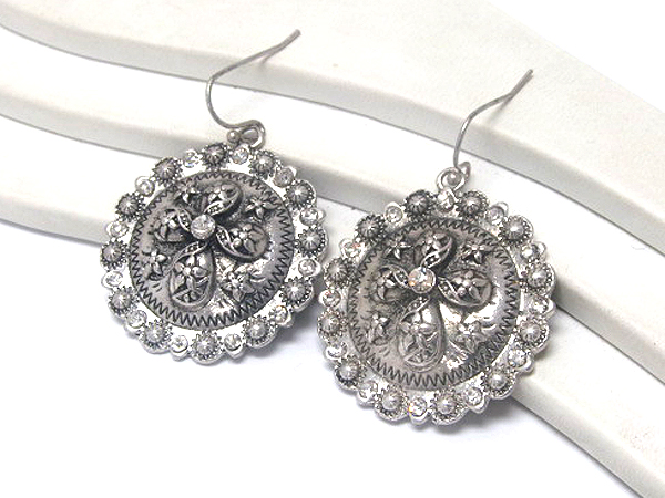 Multi crystal on round cross inside metal fashion style drop earring 