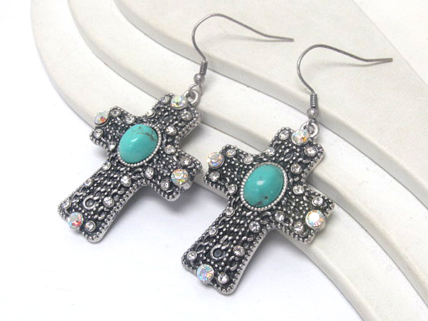 Turquoise and crystal stud cross drop earring