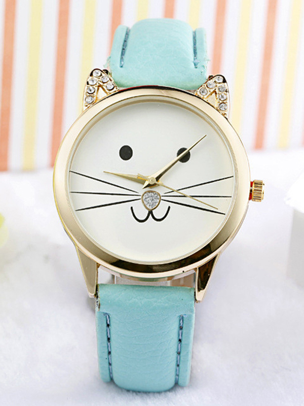 Cat face leather band watch