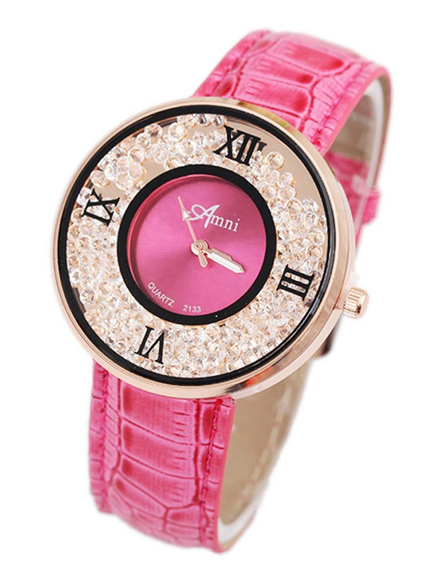 Crystal floating leather band watch