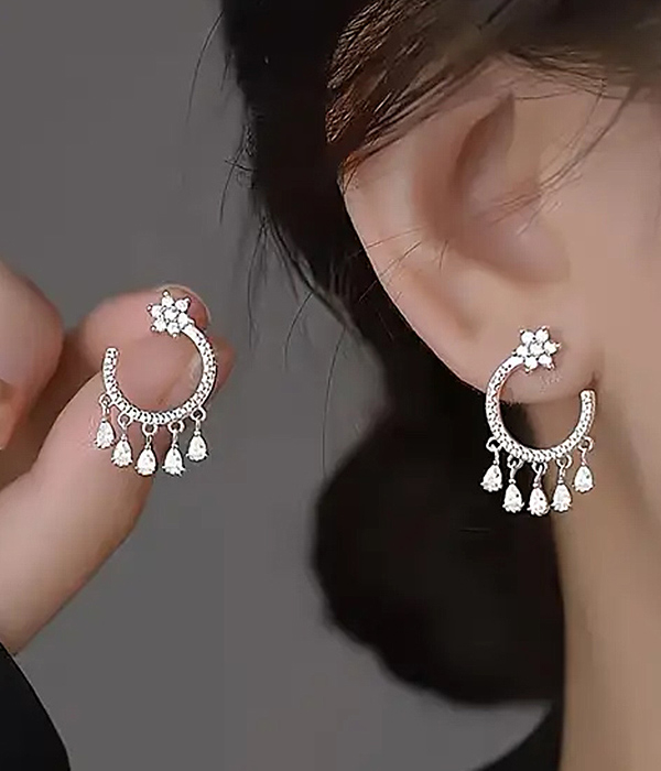 Flower hoop stone dangle earring