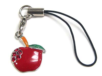 Made in korea whitegold plating crystal and enamel apple cell phone strap charm