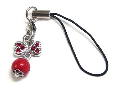 Made in korea whitegold plating crystal and enamel ribbon and bead cell phone strap charm