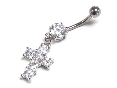 Made in korea whitegold plating crystal ball and cross dangle belly charm - surgical steel post body jewelry