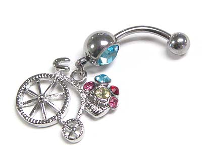 Made in korea whitegold plating crystal ball and bike dangle belly charm - surgical steel post body jewelry