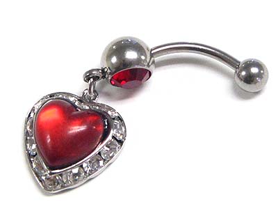 Made in korea whitegold plating crystal ball and heart dangle belly charm - surgical steel post body jewelry