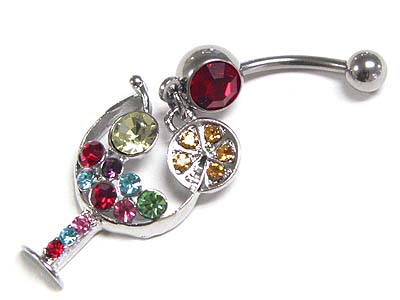 Made in korea whitegold plating crystal ball and cocktail dangle belly charm  - surgical steel post body jewelry