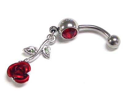 Made in korea whitegold plating crystal ball and rose dangle belly charm - surgical steel post body jewelry