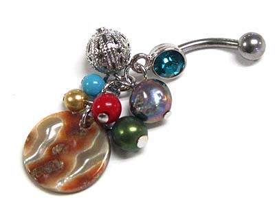 Made in korea whitegold plating crystal ball and multi beads dangle belly charm - surgical steel post body jewelry