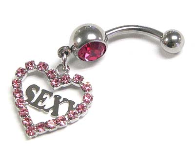 Made in korea whitegold plating crystal ball and sexy heart dangle belly charm - surgical steel post body jewelry