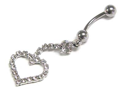 Made in korea whitegold plating crystal line and heart dangle belly charm - surgical steel post body jewelry