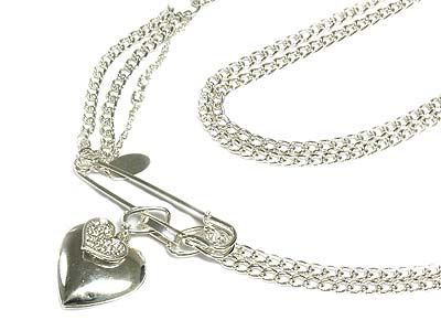 Crystal heart and pin double chain necklace