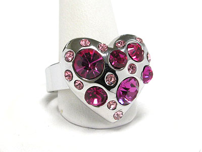 Crystal bubble metal heart adjustable size ring