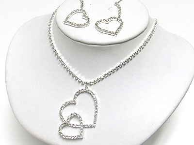 Dual heart link pendant rhinestone necklace and earring set