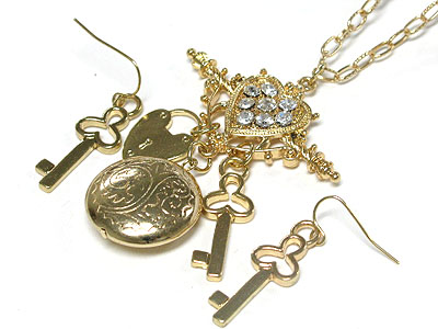 European style key lock and locket charm dangle long necklace and earring set