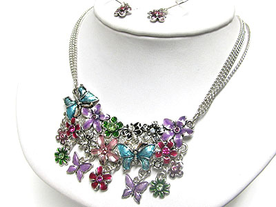 Multi butterfly and flower dangle necklace and earring set