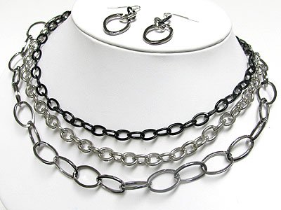 Triple layer tri tone metal chain necklace and earring set