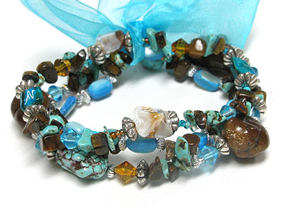 Triple row multi natural stone stretch bracelet