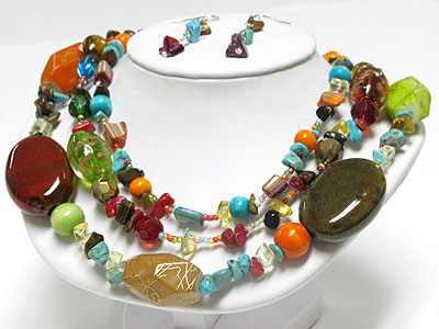 Triple strand multi natural stone and ceramic stone necklace and earring set