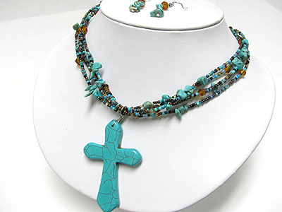 Carved turquoise cross and chip stone and seed beads necklace and earring set