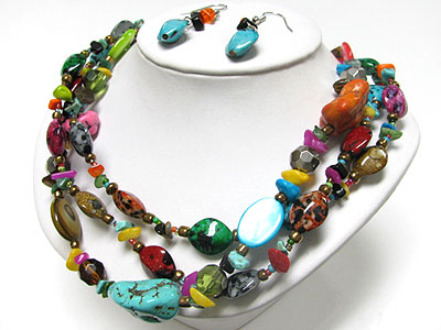 Triple strand multi natural stone and shell parts necklace and earring set