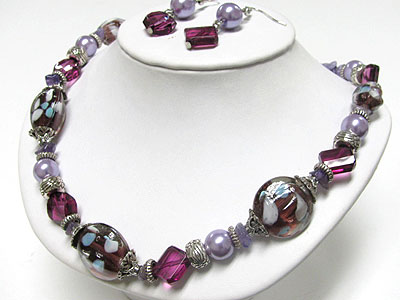 Murano glass art and pearl beads link necklace and earring set