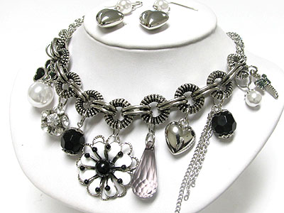 Antique style flower and crystal ball and multi charm drop necklace set