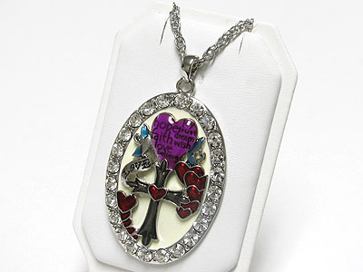 Crystal frame tattoo pattern deco oval pendant neckalce