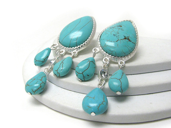 Tear drop turquoise and triple drop stone clip earrings