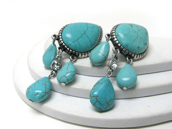 Tear drop turquoise and triple drop stone clip earrings