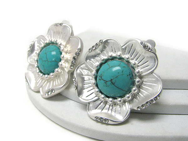 Turquoise center and crystal deco metal flower clip earrings