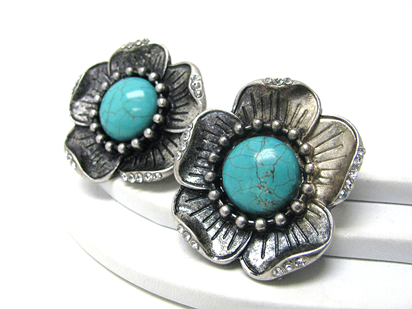 Turquoise center and crystal deco metal flower clip earrings