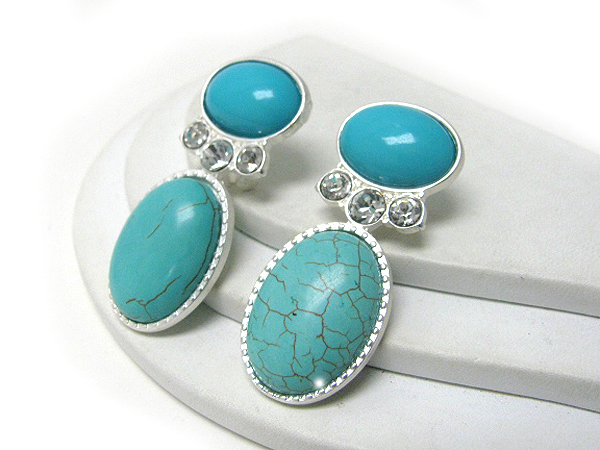 Oval shape turquoise and crystal deco clip earrings