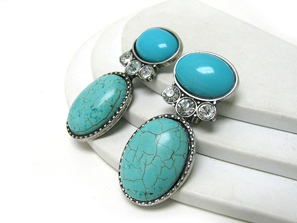 Oval shape turquoise and crystal deco clip earrings