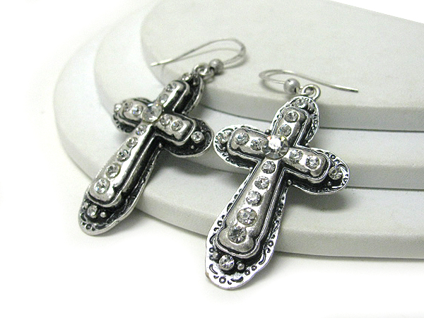 Crystal deco antique cross earrings