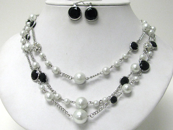 Multi pearl and acrylic disk link 3 layered necklace earring set