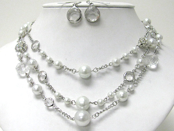 Multi pearl and acrylic disk link 3 layered necklace earring set